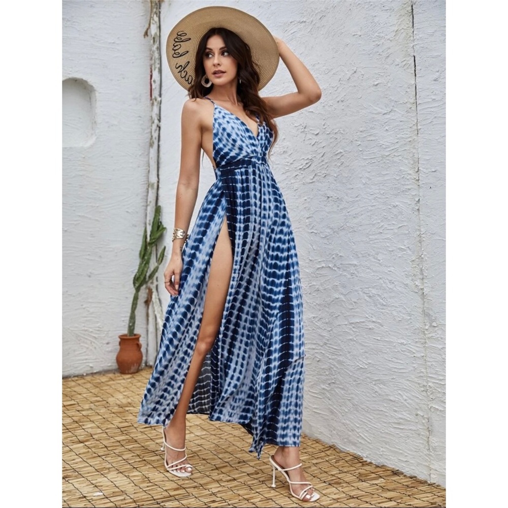 SHEIN Backless Split Thigh Tie Dye Cami Dress | 2 (XS) | Blue/White